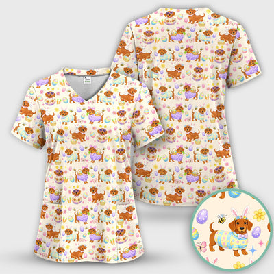 Cute Easter Dachshund Dog Pattern Scrub Top, Breathable Healthcare Uniform Top