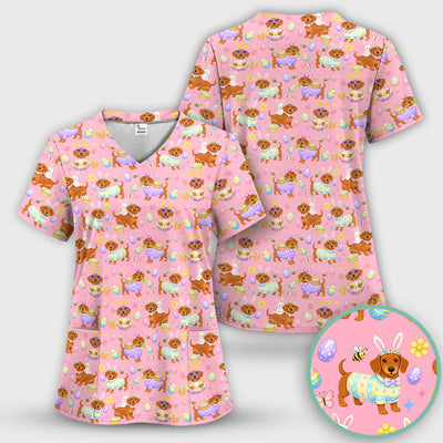 Cute Easter Dachshund Dog Pattern Scrub Top, Breathable Healthcare Uniform Top
