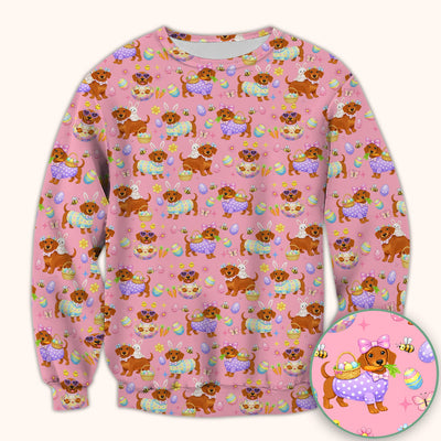 Cute Easter Dachshund Dog Pattern Scrub Top, Breathable Healthcare Uniform Top