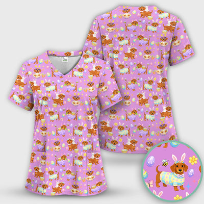 Cute Easter Dachshund Dog Pattern Scrub Top, Breathable Healthcare Uniform Top
