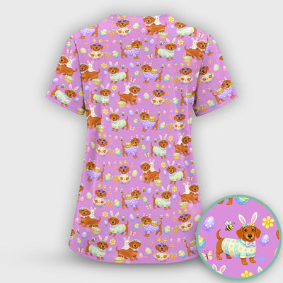 Cute Easter Dachshund Dog Pattern Scrub Top, Breathable Healthcare Uniform Top