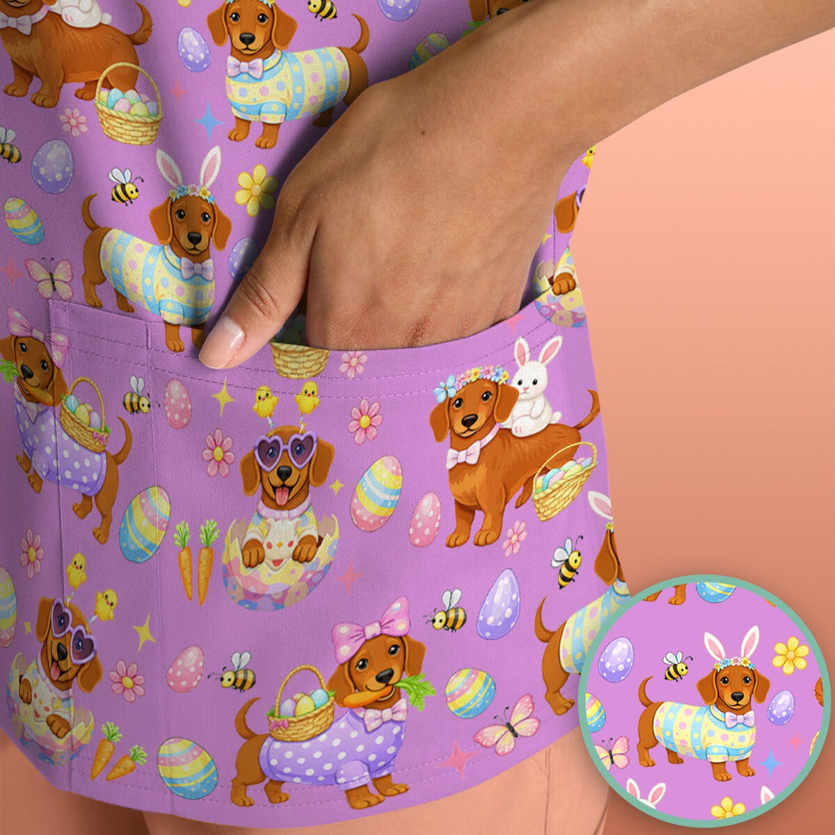 Cute Easter Dachshund Dog Pattern Scrub Top, Breathable Healthcare Uniform Top