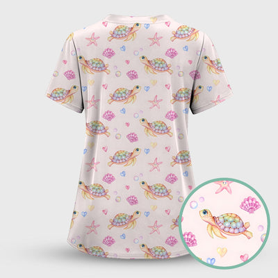 Sea Turtle Ocean Print Scrub Top, Comfortable Scrubs for Nurses