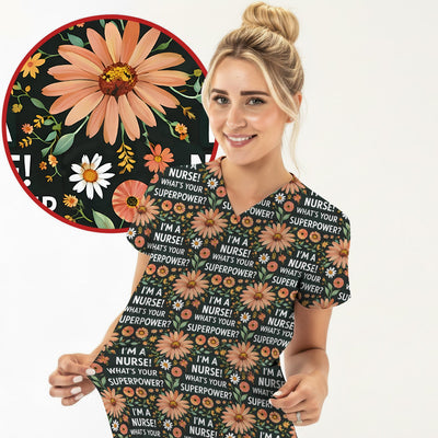 Funny Nurse Superpower Floral Pattern Scrub Top, Breathable Fabrics Nursing Uniform