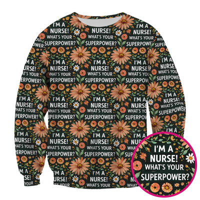 Funny Nurse Superpower Floral Pattern Scrub Top, Breathable Fabrics Nursing Uniform