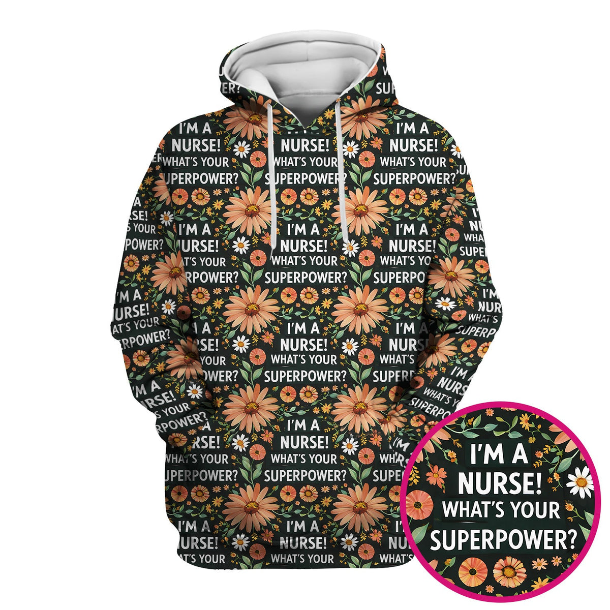 Funny Nurse Superpower Floral Pattern Scrub Top, Breathable Fabrics Nursing Uniform