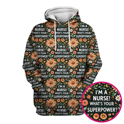 Funny Nurse Superpower Floral Pattern Scrub Top, Breathable Fabrics Nursing Uniform