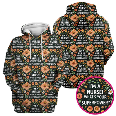 Funny Nurse Superpower Floral Pattern Scrub Top, Breathable Fabrics Nursing Uniform