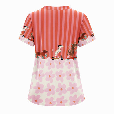 Personalized Cute Dog Roller Skate Flower Pattern Scrub Top, Comfortable Scrubs for Nurses