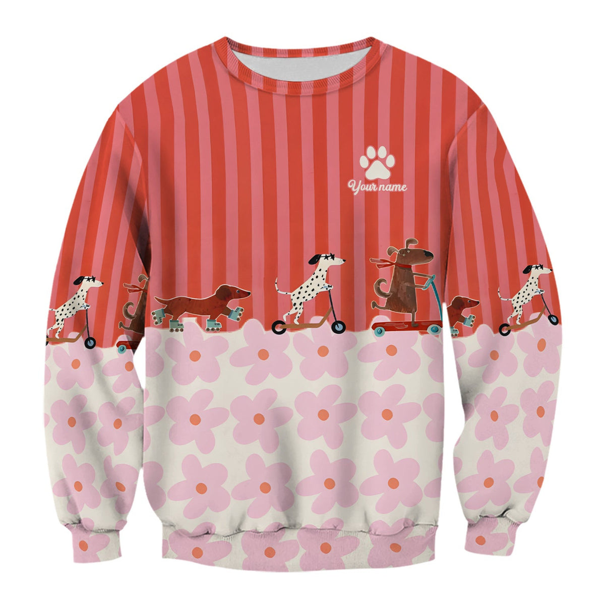 Personalized Cute Dog Roller Skate Flower Pattern Scrub Top, Comfortable Scrubs for Nurses