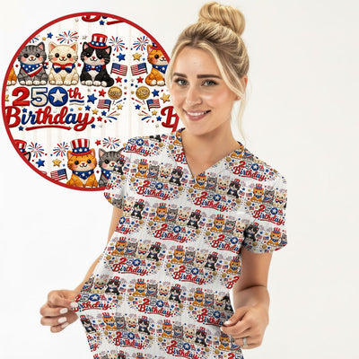 America 250th Anniversary Cat Pattern Scrub Top, Comfortable Scrubs for Nurses
