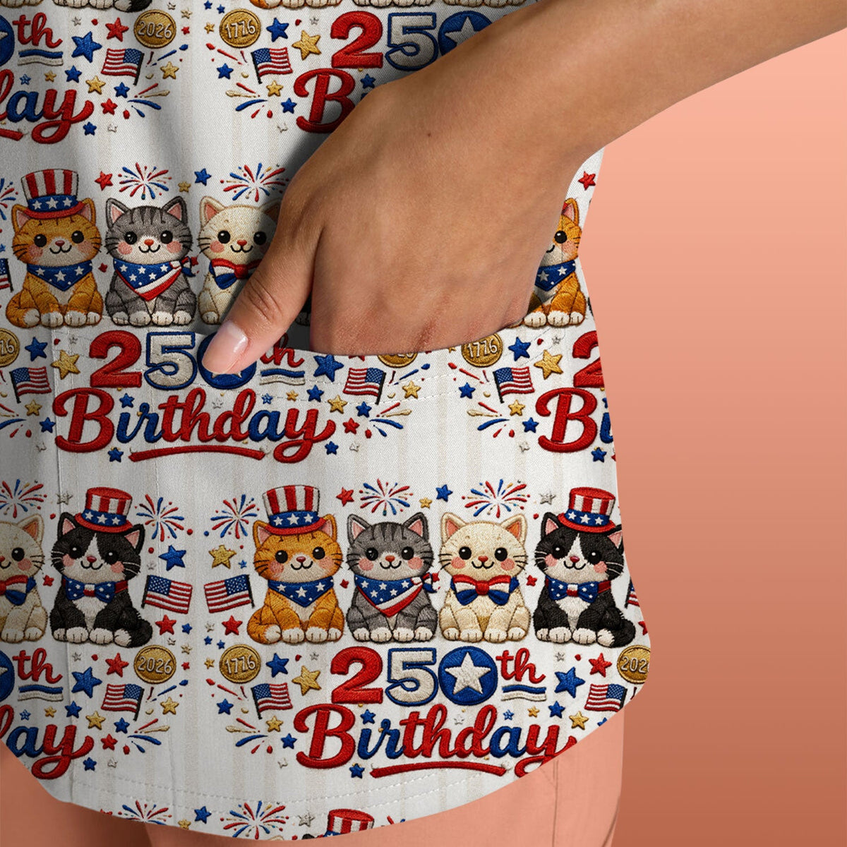 America 250th Anniversary Cat Pattern Scrub Top, Comfortable Scrubs for Nurses