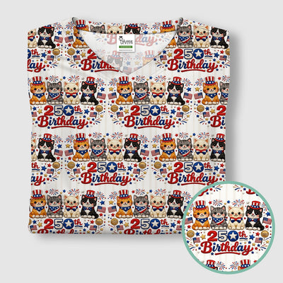 America 250th Anniversary Cat Pattern Scrub Top, Comfortable Scrubs for Nurses