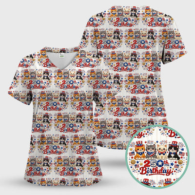 America 250th Anniversary Cat Pattern Scrub Top, Comfortable Scrubs for Nurses