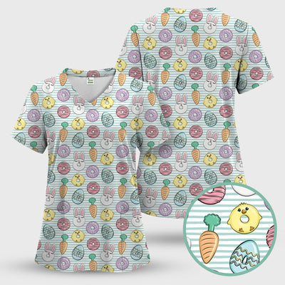 Funny Easter Chick Bunny Pattern Scrub Top, Breathable Fabrics Nursing Uniform