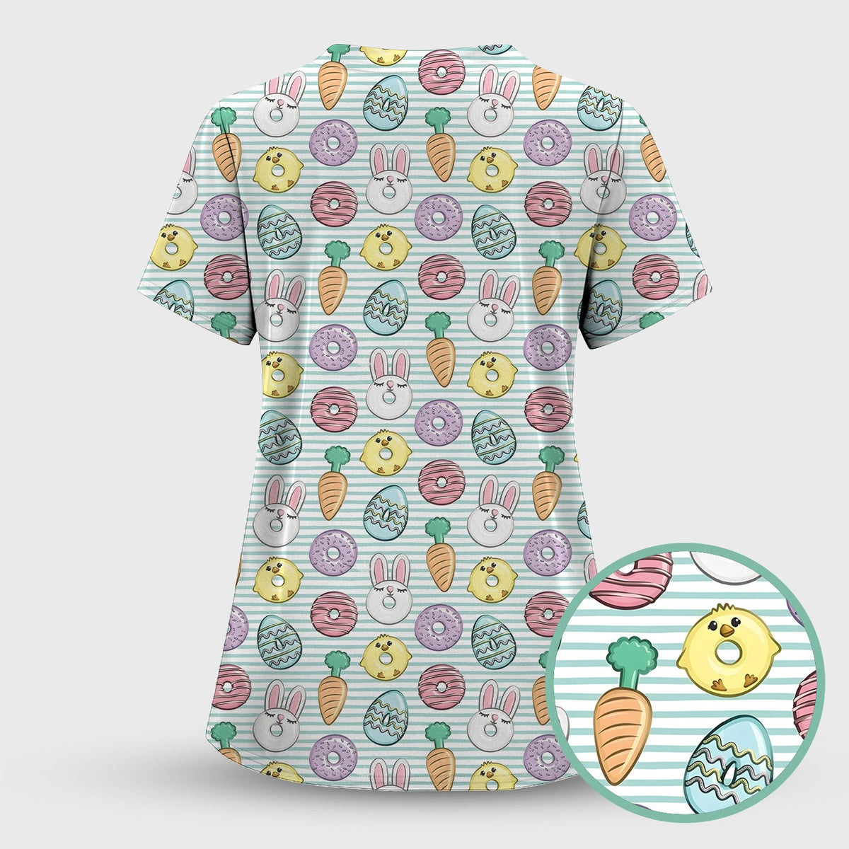 Funny Easter Chick Bunny Pattern Scrub Top, Breathable Fabrics Nursing Uniform