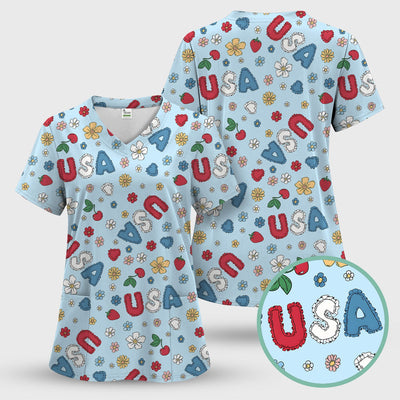 USA Cherry Strawberry Floral Patch Pattern Scrub Top, Comfortable Scrubs for Nurses