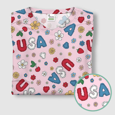 USA Cherry Strawberry Floral Patch Pattern Scrub Top, Comfortable Scrubs for Nurses