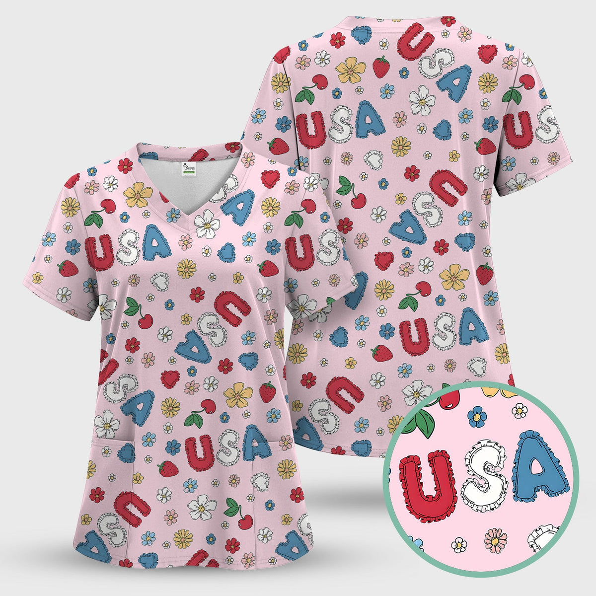USA Cherry Strawberry Floral Patch Pattern Scrub Top, Comfortable Scrubs for Nurses