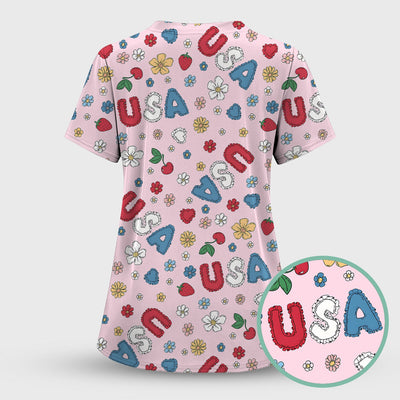 USA Cherry Strawberry Floral Patch Pattern Scrub Top, Comfortable Scrubs for Nurses