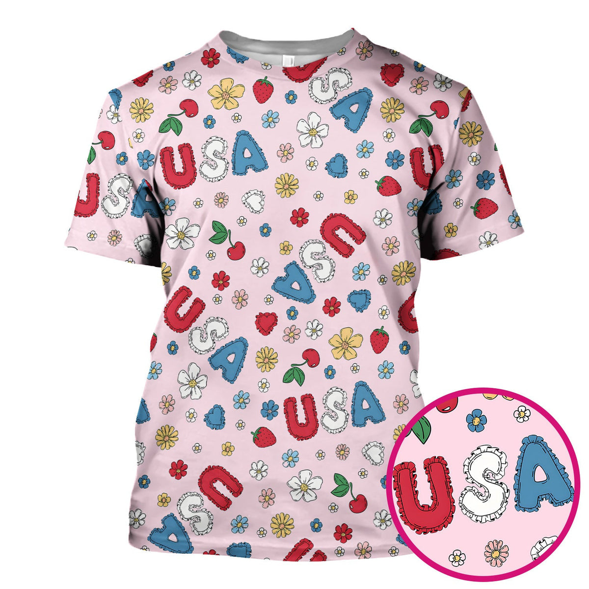 USA Cherry Strawberry Floral Patch Pattern Scrub Top, Comfortable Scrubs for Nurses