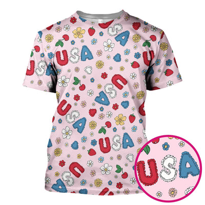 USA Cherry Strawberry Floral Patch Pattern Scrub Top, Comfortable Scrubs for Nurses