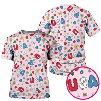 USA Cherry Strawberry Floral Patch Pattern Scrub Top, Comfortable Scrubs for Nurses
