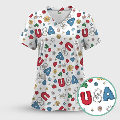 USA Cherry Strawberry Floral Patch Pattern Scrub Top, Comfortable Scrubs for Nurses