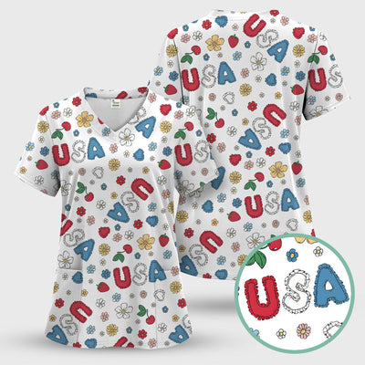 USA Cherry Strawberry Floral Patch Pattern Scrub Top, Comfortable Scrubs for Nurses