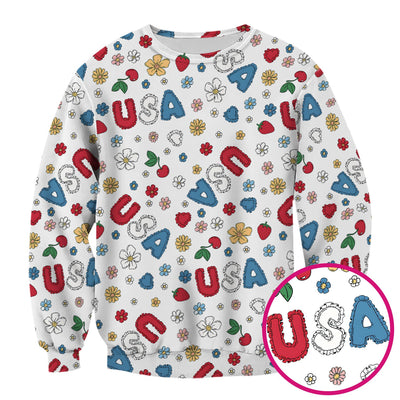 USA Cherry Strawberry Floral Patch Pattern Scrub Top, Comfortable Scrubs for Nurses