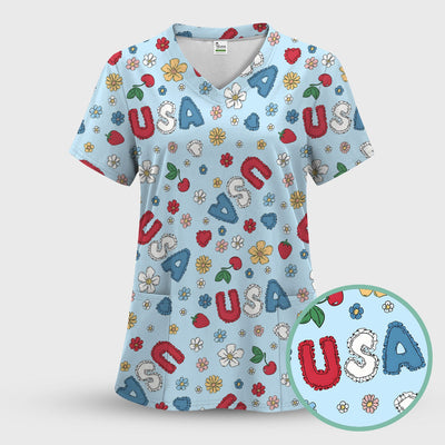 USA Cherry Strawberry Floral Patch Pattern Scrub Top, Comfortable Scrubs for Nurses