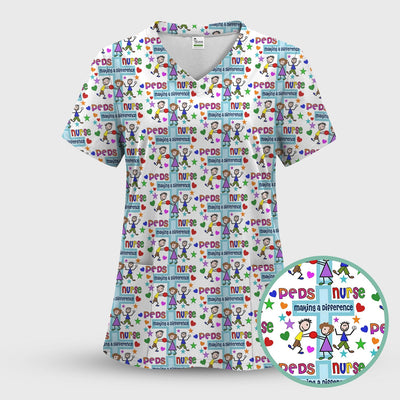 Peds Nurse Making A Difference Pattern Scrub Top, Comfortable Scrubs for Nurses