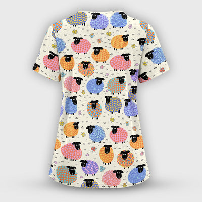 Funny Colorful Sheep Pattern Scrub Top, Comfortable Scrubs for Nurses