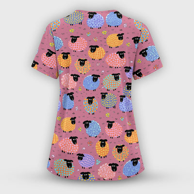 Funny Colorful Sheep Pattern Scrub Top, Comfortable Scrubs for Nurses