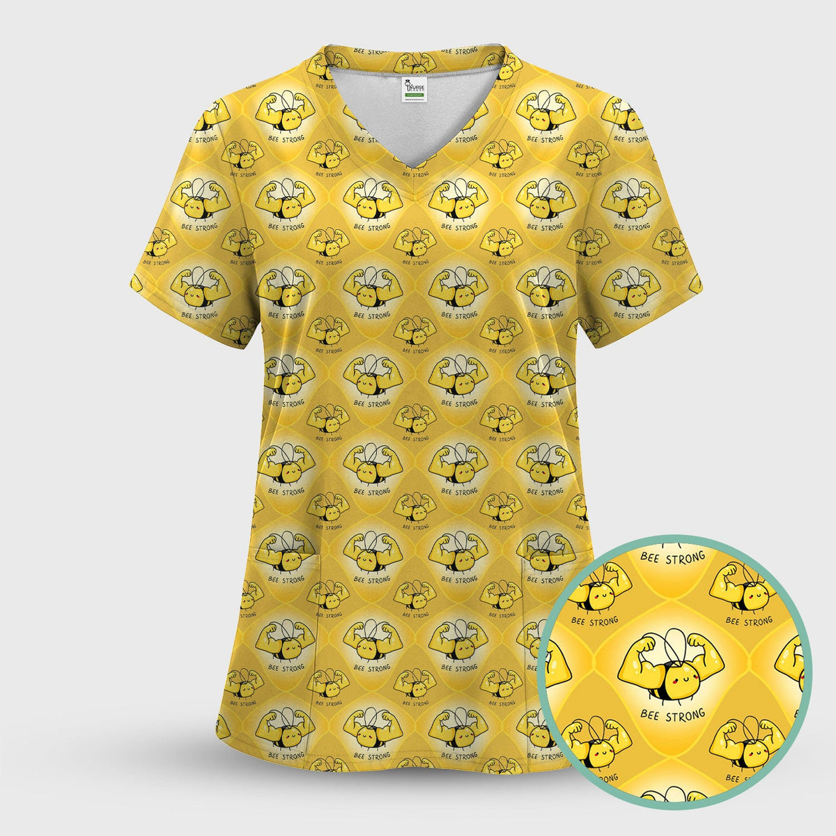 Bee Strong Honey Bee Pattern Scrub Top, Comfortable Scrubs for Nurses