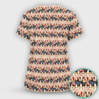 Patriotic Rooster Fireworks Pattern Scrub Top, Comfortable Scrubs for Nurses