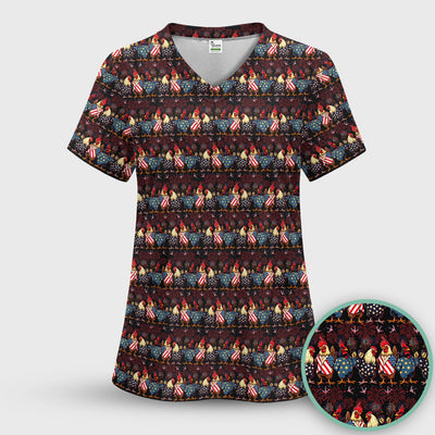 Patriotic Rooster Fireworks Pattern Scrub Top, Comfortable Scrubs for Nurses