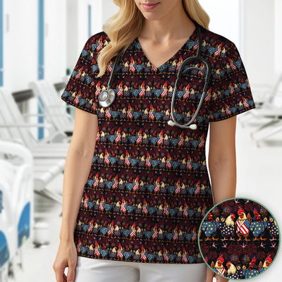 Patriotic Rooster Fireworks Pattern Scrub Top, Comfortable Scrubs for Nurses