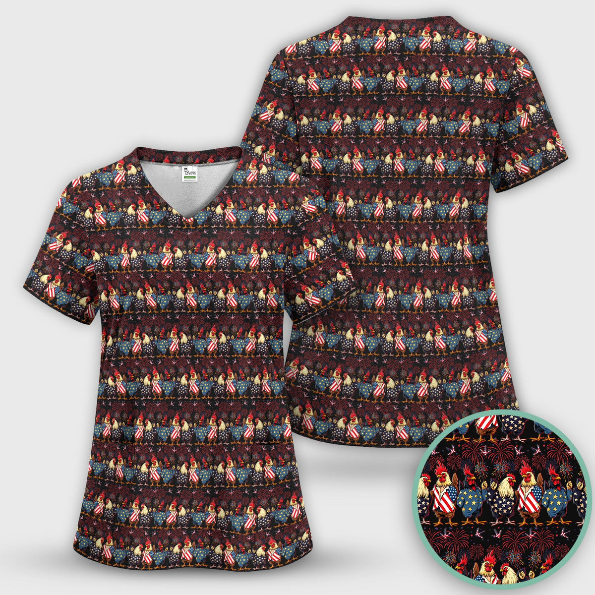 Patriotic Rooster Fireworks Pattern Scrub Top, Comfortable Scrubs for Nurses