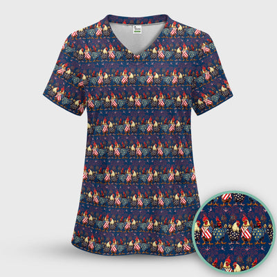 Patriotic Rooster Fireworks Pattern Scrub Top, Comfortable Scrubs for Nurses