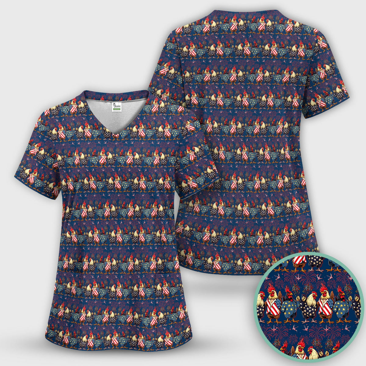 Patriotic Rooster Fireworks Pattern Scrub Top, Comfortable Scrubs for Nurses