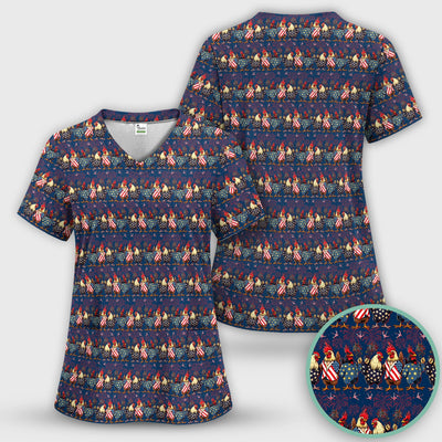 Patriotic Rooster Fireworks Pattern Scrub Top, Comfortable Scrubs for Nurses