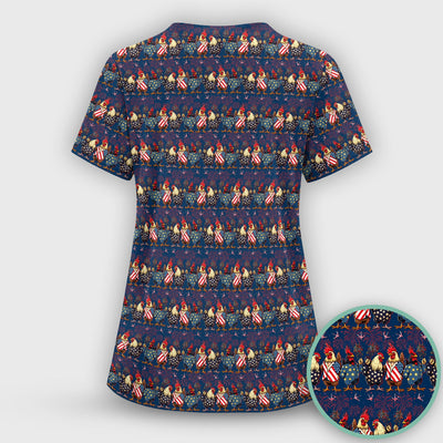 Patriotic Rooster Fireworks Pattern Scrub Top, Comfortable Scrubs for Nurses