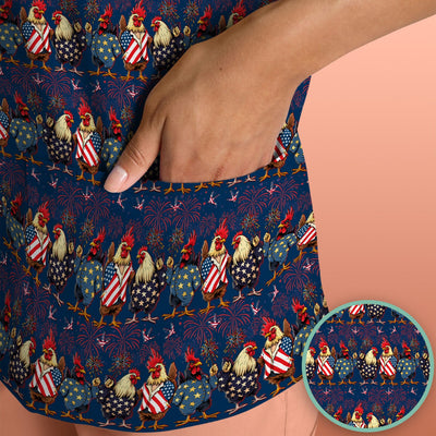 Patriotic Rooster Fireworks Pattern Scrub Top, Comfortable Scrubs for Nurses