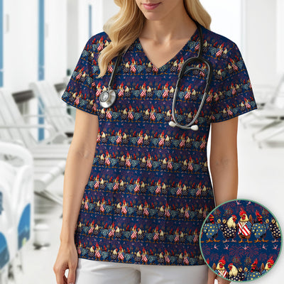 Patriotic Rooster Fireworks Pattern Scrub Top, Comfortable Scrubs for Nurses