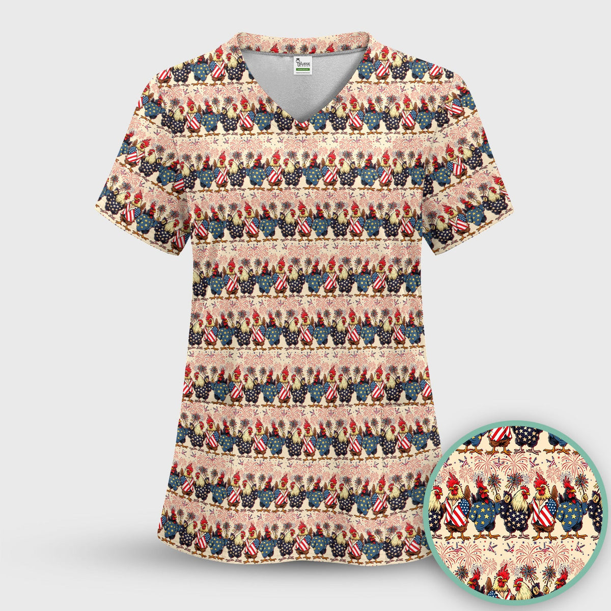 Patriotic Rooster Fireworks Pattern Scrub Top, Comfortable Scrubs for Nurses