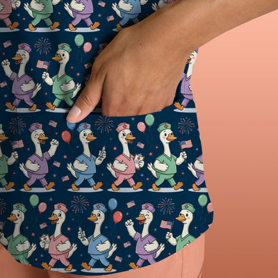 Cute Nurse Ducks Balloons Pattern Scrubs Top, Breathable Fabrics Nursing Uniform