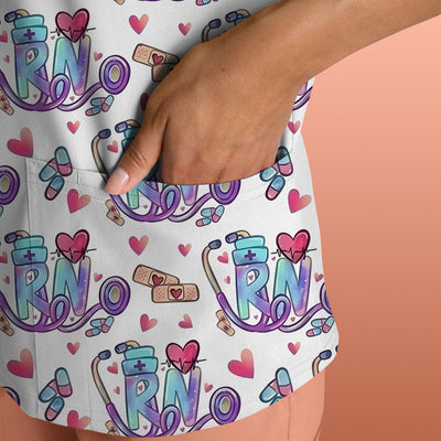 Nurse Life RN Heart Pattern Scrub Top, Breathable Fabrics Nursing Uniform