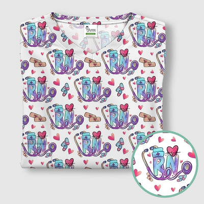 Nurse Life RN Heart Pattern Scrub Top, Breathable Fabrics Nursing Uniform