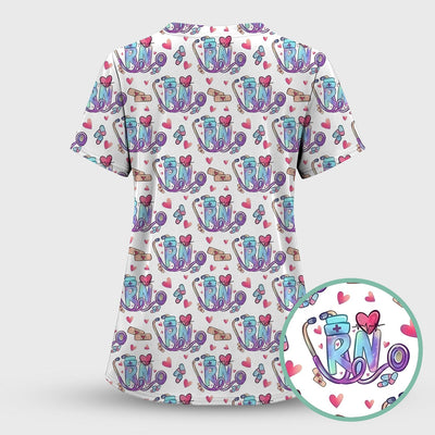 Nurse Life RN Heart Pattern Scrub Top, Breathable Fabrics Nursing Uniform